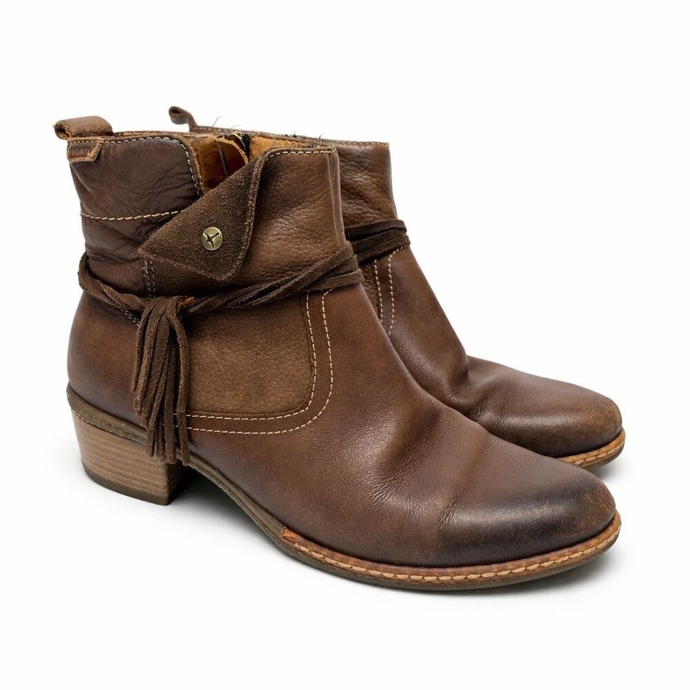 Pikolinos Zaragoza Leather Ankle Boots Womens 39 (US 8.5) Booties Brown Fringe